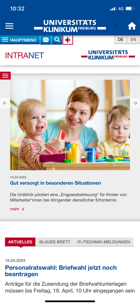 Screenshot der Meine Uniklinik App Intranet-Oberfläche, die Nachrichten für Mitarbeiter über Kinderbetreuung und Wahlen zeigt