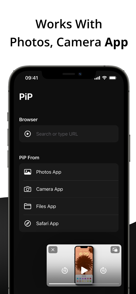 Pantalla de iPhone mostrando el menú de la aplicación PiP con opciones para Fotos, Cámara y Archivos junto a un reproductor de video flotante