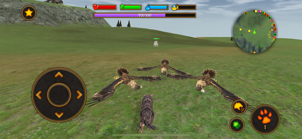 A tabby cat warrior prepares to fight three large eagles in an open world landscape.