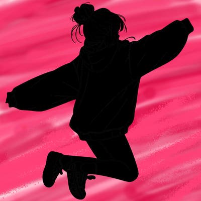 realistic girl jumping with a bun and oversized sweatshirt