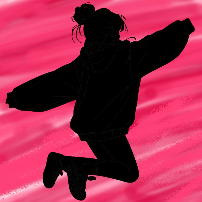 realistic girl jumping with a bun and oversized sweatshirt