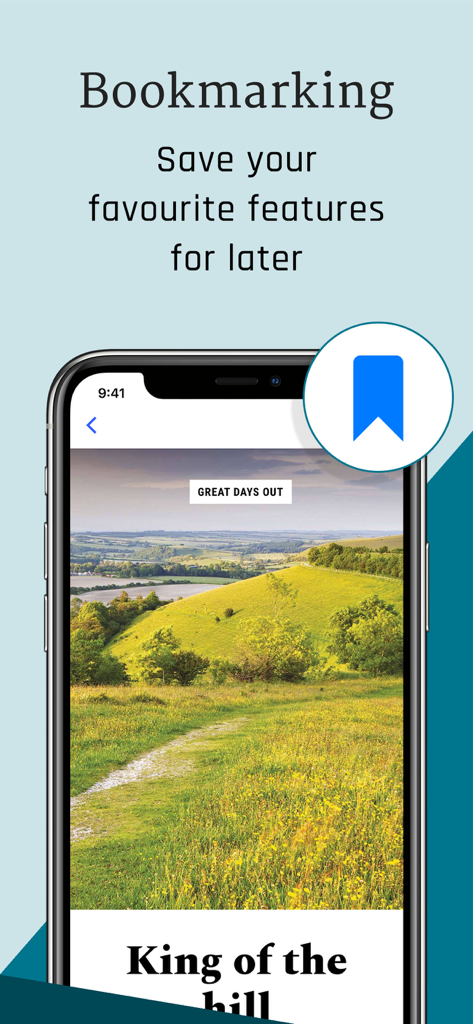 BBC Countryfile Magazine - Bookmarking feature in the BBC Countryfile Magazine app showing a scenic countryside landscape