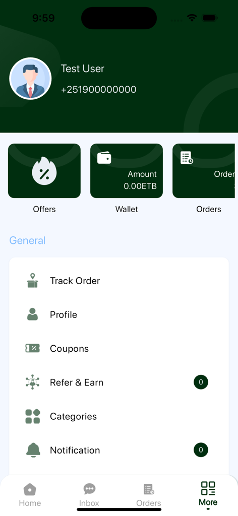 Gojo Shop - Pantalla de perfil de la aplicación móvil Gojo Shop que muestra información del usuario, saldo de la cartera y opciones de seguimiento de pedidos