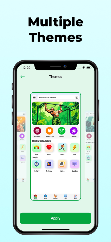 다양한 사용자 지정 가능한 테마와 건강 추적 도구를 보여주는 BMI-계산기 체중 앱의 인터페이스