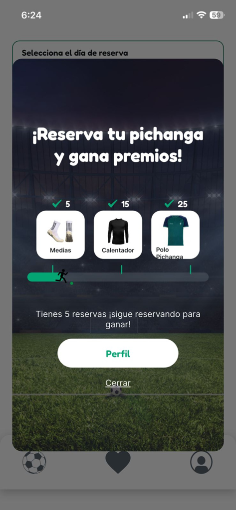Pichanga App - Pichanga App rewards screen showing soccer gear prizes for frequent game bookings