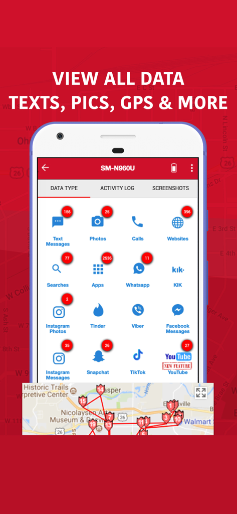 WebWatcher dashboard showing parental control features including texts, photos, and GPS tracking