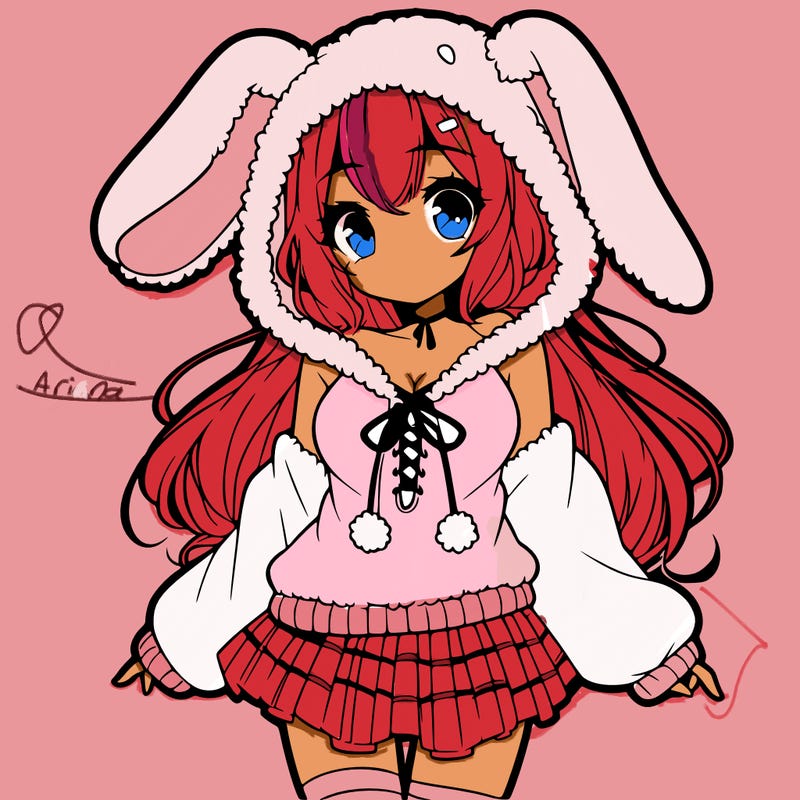 pretty anime girl wearing a fluffy hoodie with bunny ears on the hood and a skirt