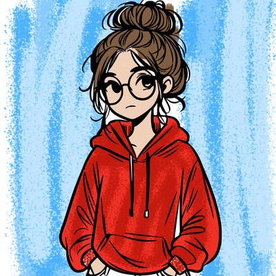teen girl with a messy bun and glasses wearing a loose hoodie and jeans