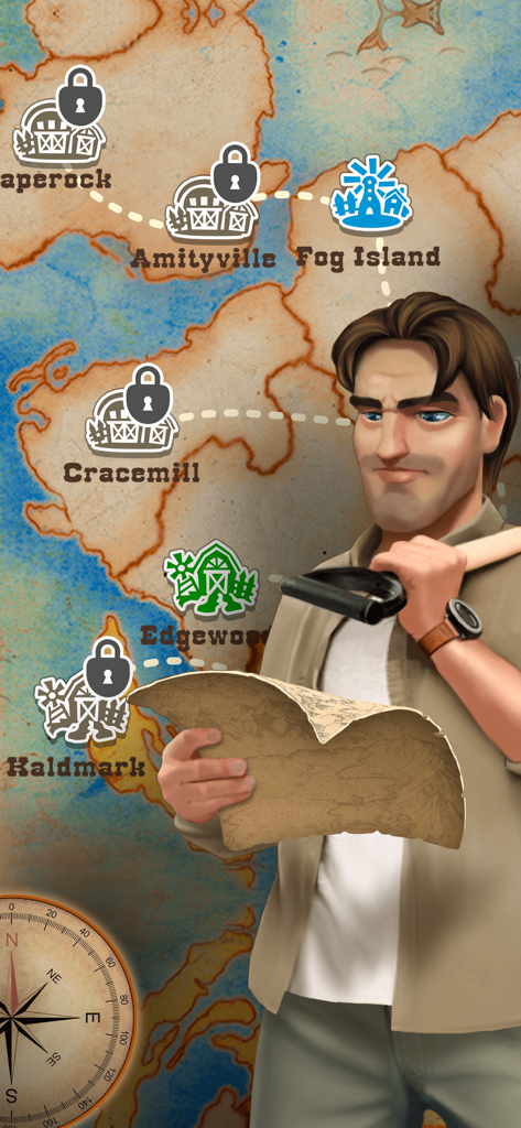 Janes Farm: Family farmer land - El esposo de Jane sosteniendo una pala mientras mira un mapa mundial de varias ubicaciones de granjas