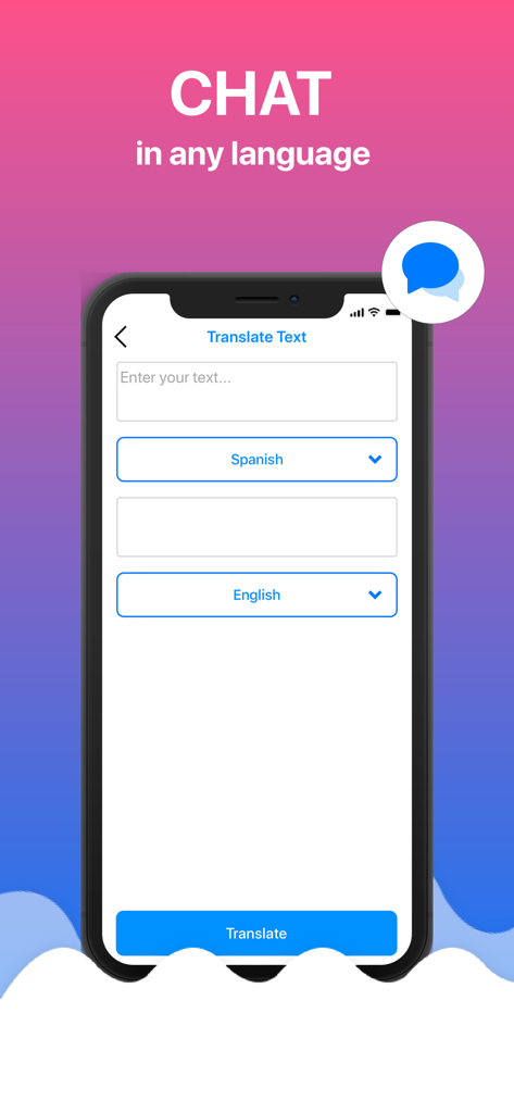 Translator App: All Language - 채팅 기능 아이콘으로 스페인어를 영어로 변환하는 텍스트 번역 도구를 보여주는 모바일 앱 화면.