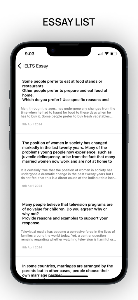 IELTS 에세이 주제 및 샘플 글 발췌 목록을 보여주는 모바일 앱 화면.