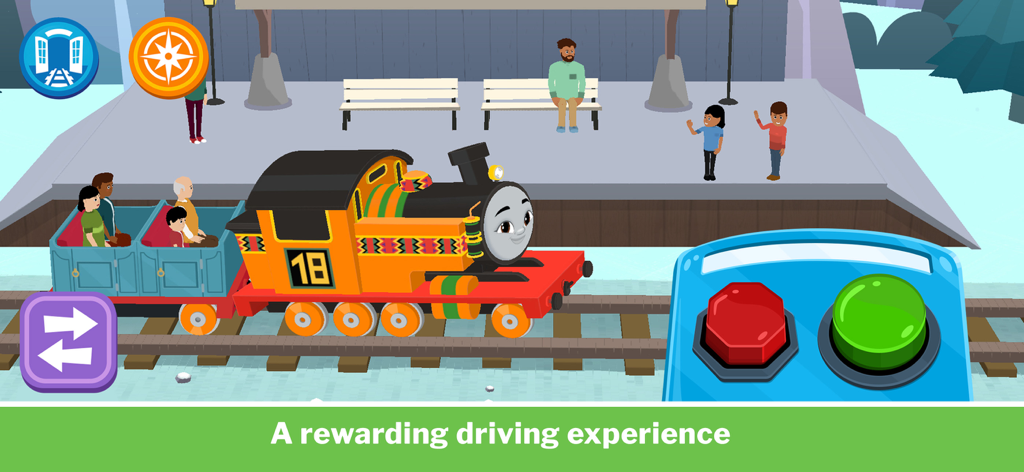 Thomas & Friends™: Let's Roll - ニア機関車が、トーマス＆フレンズ：レッツ・ロールのシンプルな運転コントロールを備えた駅で乗客を牽引している。