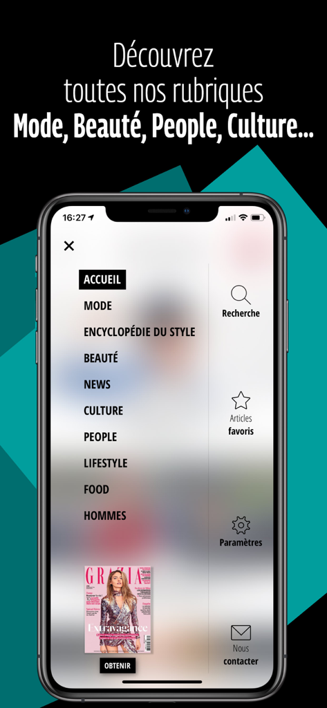 Menu de navegação do aplicativo móvel Grazia mostrando categorias como moda, beleza e notícias de estilo de vida