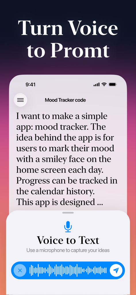 Interfaccia di Lovable AI App Builder che mostra la funzione voce a testo utilizzata per descrivere una nuova idea di app