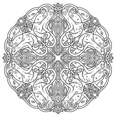 Discover a captivating spider monkey mandala, intricately designed for a calming and engaging coloring experience. This unique template blends the playful spirit of spider monkeys with the serene beauty of symmetrical patterns.