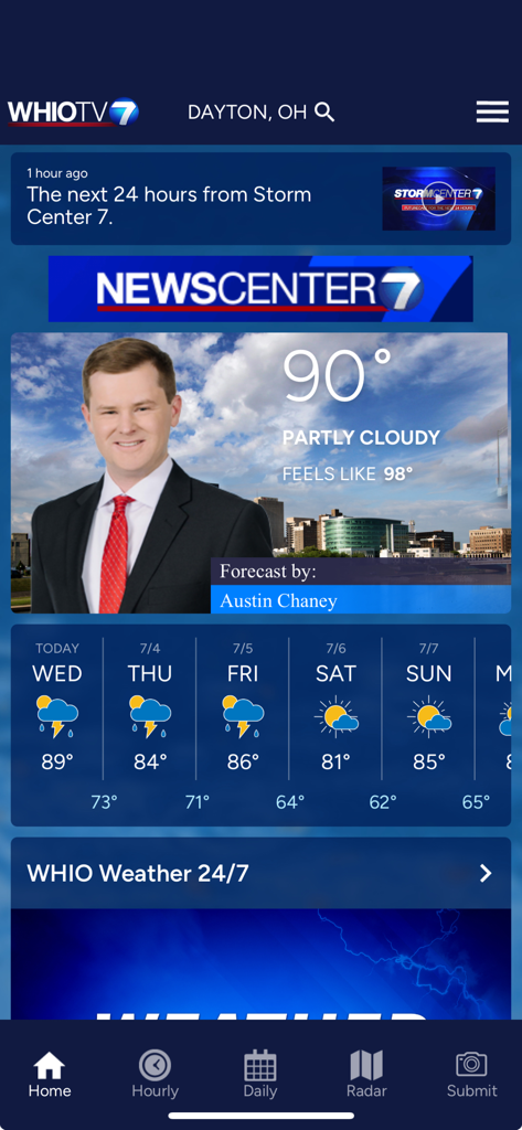 The WHIO Weather app home screen displaying the local Dayton Ohio forecast