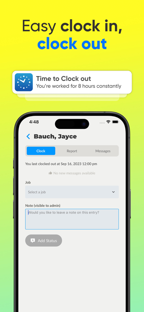 Toolr: Work time clock tracker - Bildschirm der mobilen Toolr-App mit einer einfachen Ein- und Ausstempel-Oberfläche und einer Benachrichtigung für eine 8-Stunden-Schicht