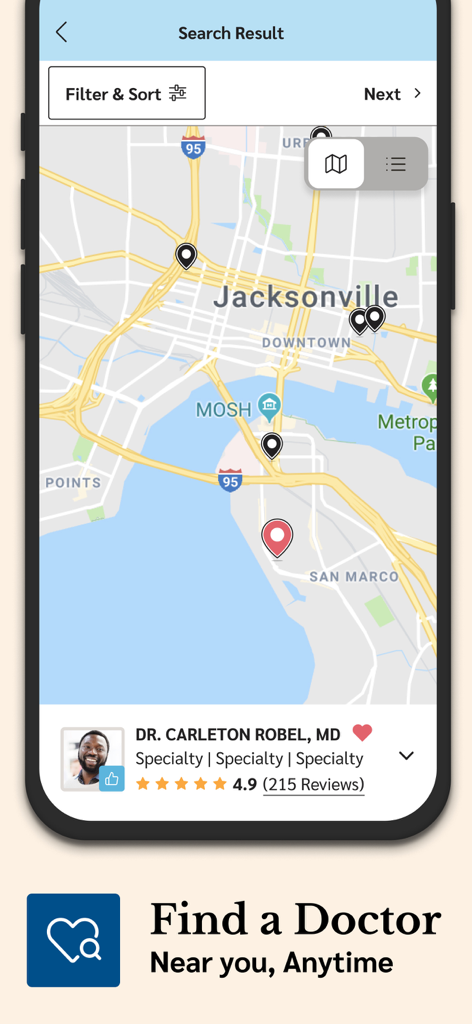 Screenshot der Florida Blue App, der eine Karte zur Suche nach Ärzten in Jacksonville und ein Anbieterprofil anzeigt.