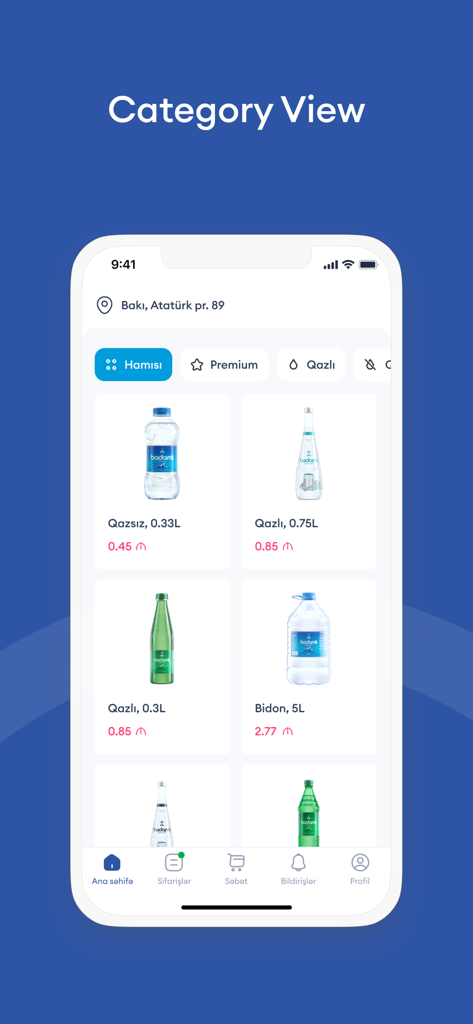 Badamlı - Oberfläche der Badamlı-App, die verschiedene abgefüllte Mineralwasserprodukte in der Kategorieansicht anzeigt.
