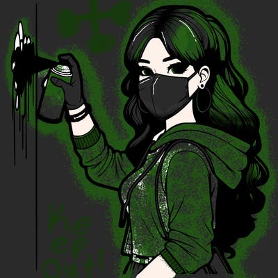 realistic girl with mask spray painting a wall