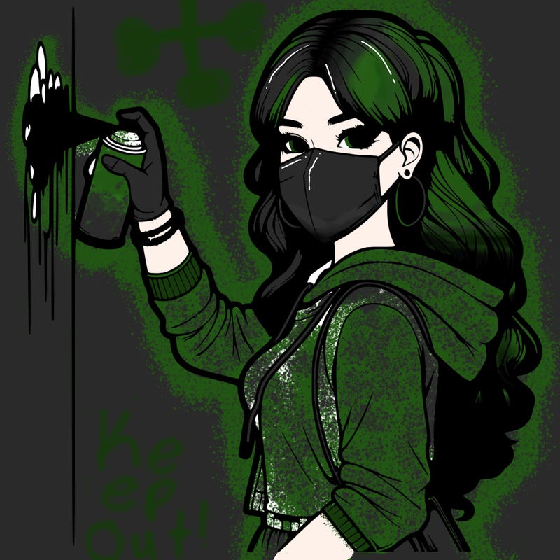 realistic girl with mask spray painting a wall