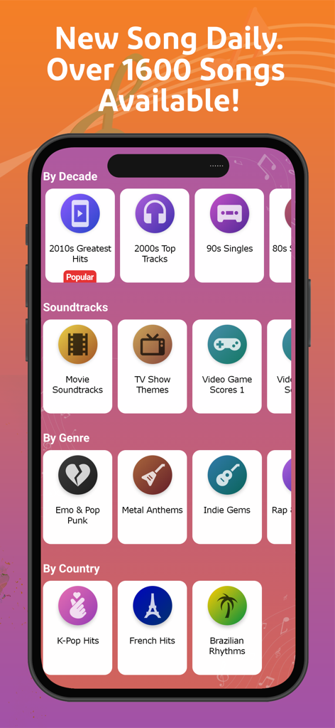 Bandle: Guess The Song Game - A smartphone screen displaying various song categories in the Bandle app including by decade soundtracks genre and country