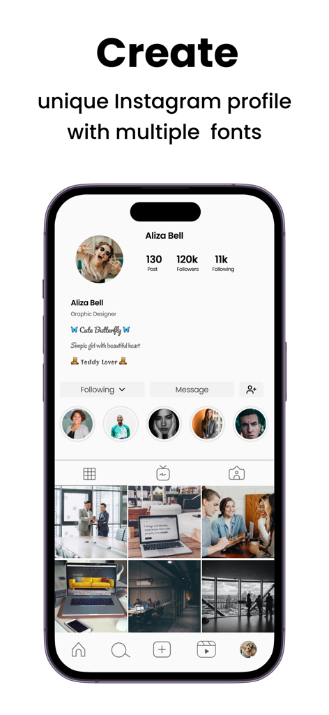 Fontboard: Trendy Fonts - Una pantalla de perfil de Instagram mostrando una biografía personalizada con diferentes estilos de fuente de la aplicación Fontboard.
