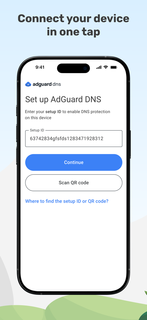 AdGuard DNS - AdGuard DNS setup interface on an iPhone showing the setup ID entry and QR code scan options