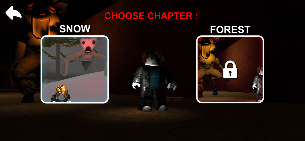 99 nights in the Scary forest - Menú de selección de capítulos que muestra el nivel de Nieve disponible y el nivel de Bosque bloqueado