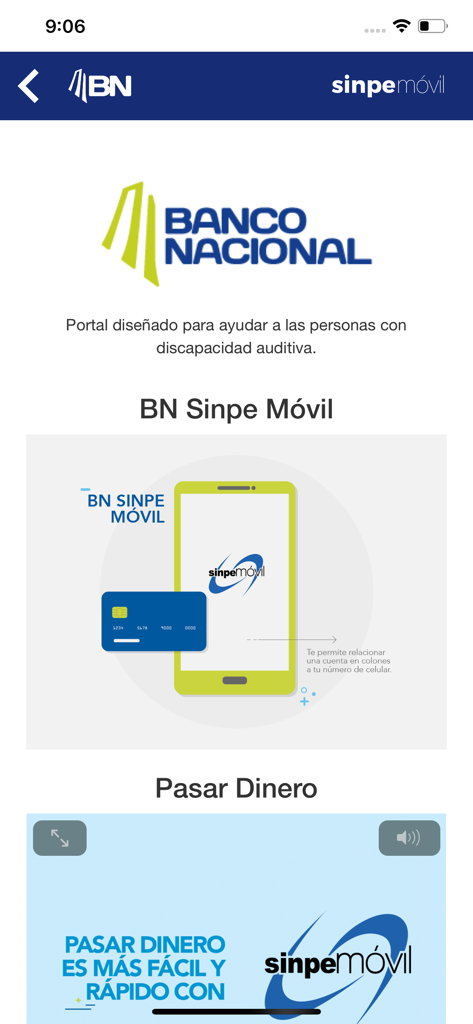 Interface of the BN SINPE Movil app from Banco Nacional de Costa Rica showing features for sending money and linking accounts