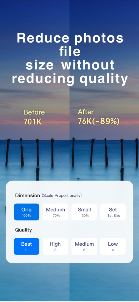 Photo Compress - PicSize - Interface de compressão de fotos mostrando uma redução de 89% no tamanho do arquivo de 701K para 76K com configurações de qualidade e dimensão
