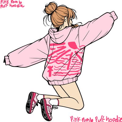 realistic girl jumping with a bun and oversized sweatshirt