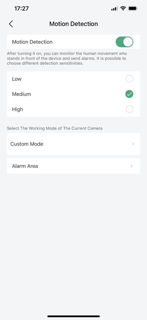 BoifunCam - BoifunCam mobile App-Oberfläche mit Einstellungen für die Empfindlichkeit der Bewegungserkennung und Optionen für den Alarmbereich.