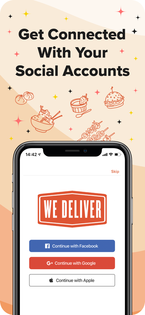 We Deliver! - Anmeldebildschirm für die We Deliver Essensliefer-App mit Anmeldeoptionen für Facebook, Google und Apple-Konten.