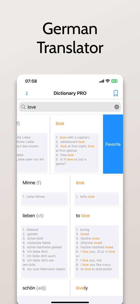 German English translator app displaying translations and usage examples for the word love on an iPhone.