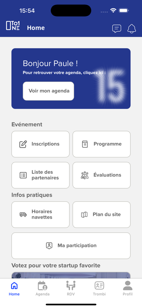 1to1 Retail Ecommerce - Pantalla de inicio de la aplicación 1to1 Retail Ecommerce mostrando el horario del evento e información práctica