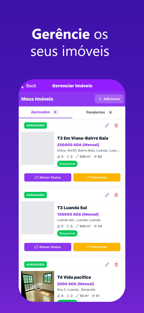 Zuela Imoveis - Dashboard of Zuela Imoveis app showing a list of managed real estate properties with status and pricing details