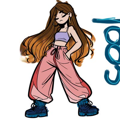 girl in baggy pants crop top and long hair