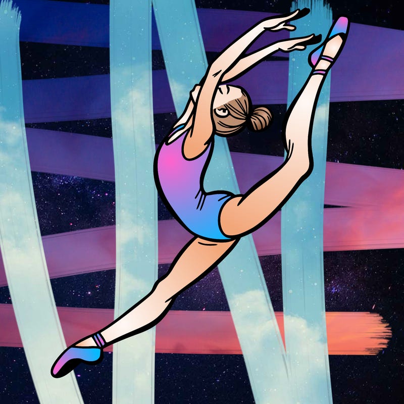 gymnast doing a leap in a leotard with a bent back leg