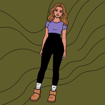 girl in a crop top really short shorts a nose piercing nike socks and uggs earrings and really short shorts wavy hair medium length