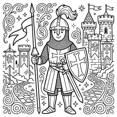 Dive into a world of chivalry and castles with this exciting coloring page designed especially for kids. Color a brave high medieval knight, complete with his armor and trusty spear, ready for adventure.