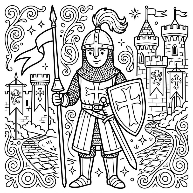 Dive into a world of chivalry and castles with this exciting coloring page designed especially for kids. Color a brave high medieval knight, complete with his armor and trusty spear, ready for adventure.