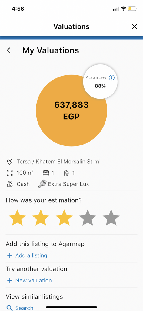 Aqarmap Egypt - Aqarmap Egypt app property valuation screen showing an estimated price of 637883 EGP with 88 percent accuracy for a one bedroom apartment