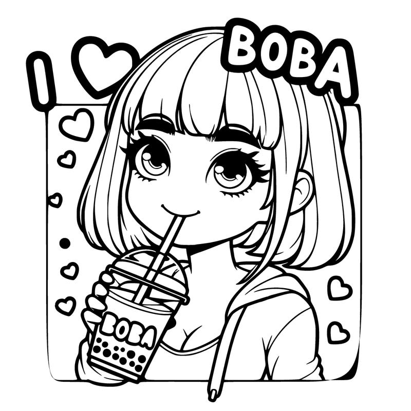 a realistic girl, drinking boba and the background it says i love boba