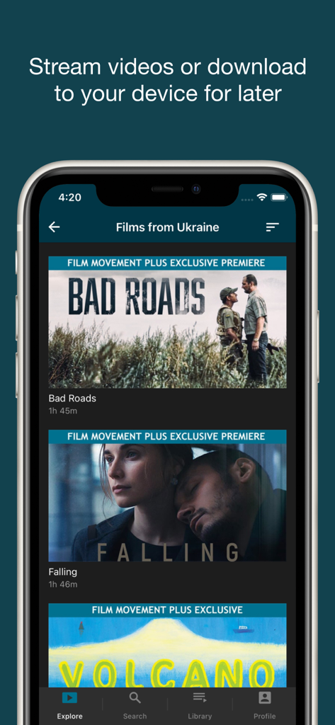 Film Movement Plus app screen showing a collection of films from Ukraine with options to stream or download