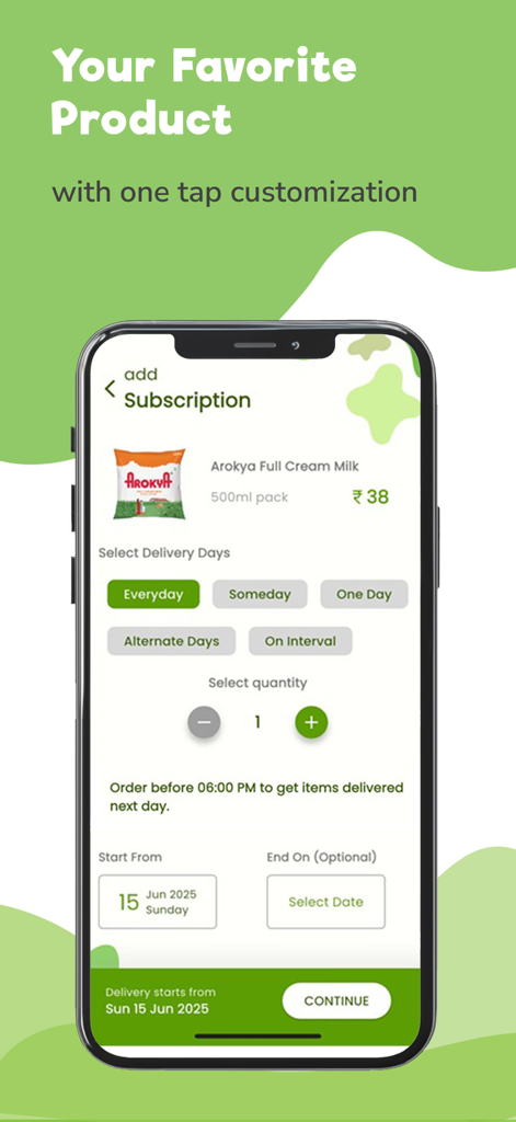 DailyMoo - DailyMoo app interface for customizing a milk delivery subscription with multiple frequency options