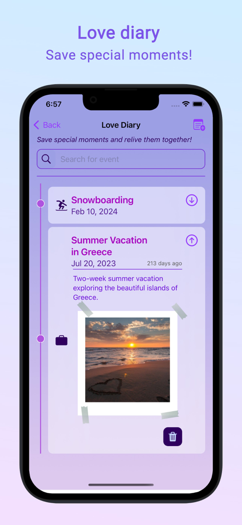 Been in Love - days counter - Love Diary interface showing a timeline of special relationship moments and photos.