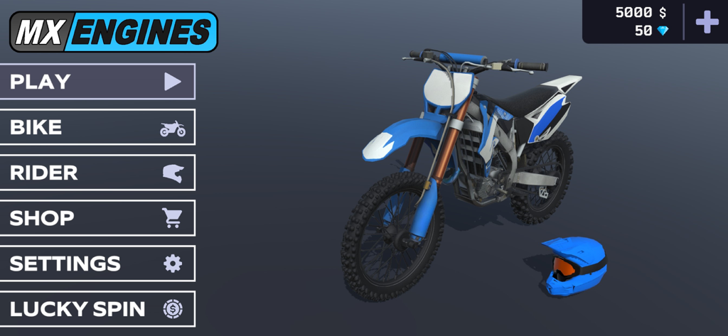 MX Engines - MX Engines main menu screen featuring a blue and white motocross dirt bike and customization options for bike and rider