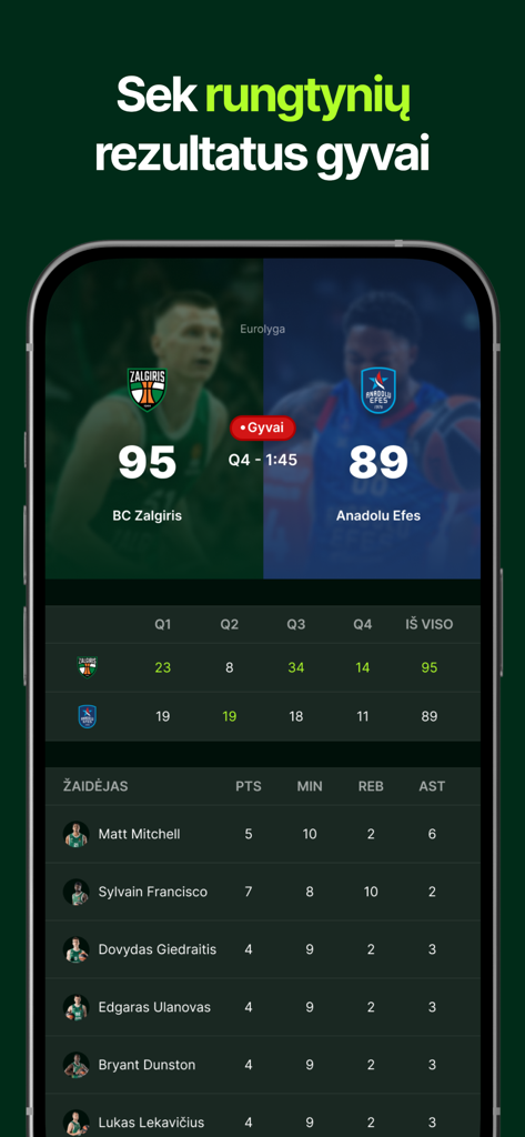 A screenshot of the Zalgiris app displaying live basketball game scores and detailed player statistics.