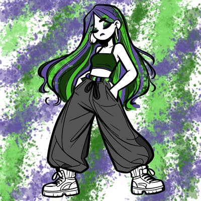 girl in baggy pants crop top and long hair